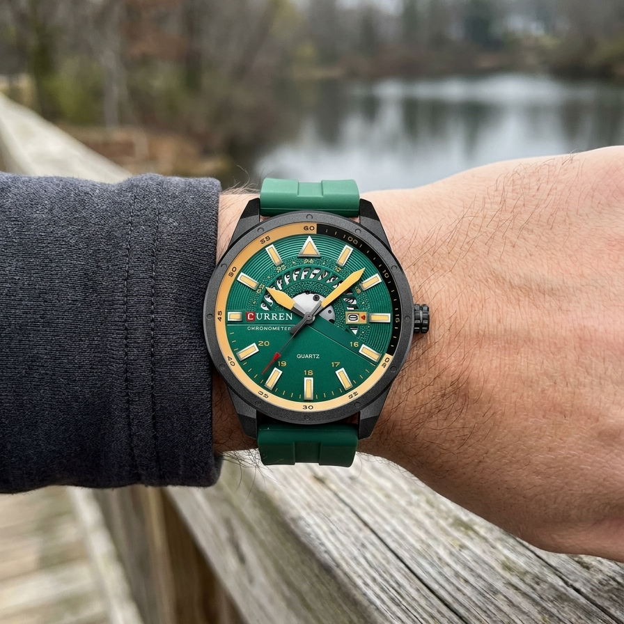CURREN 8421 green-dial quartz sport watch with green silicone strap worn on a man's wrist outdoors