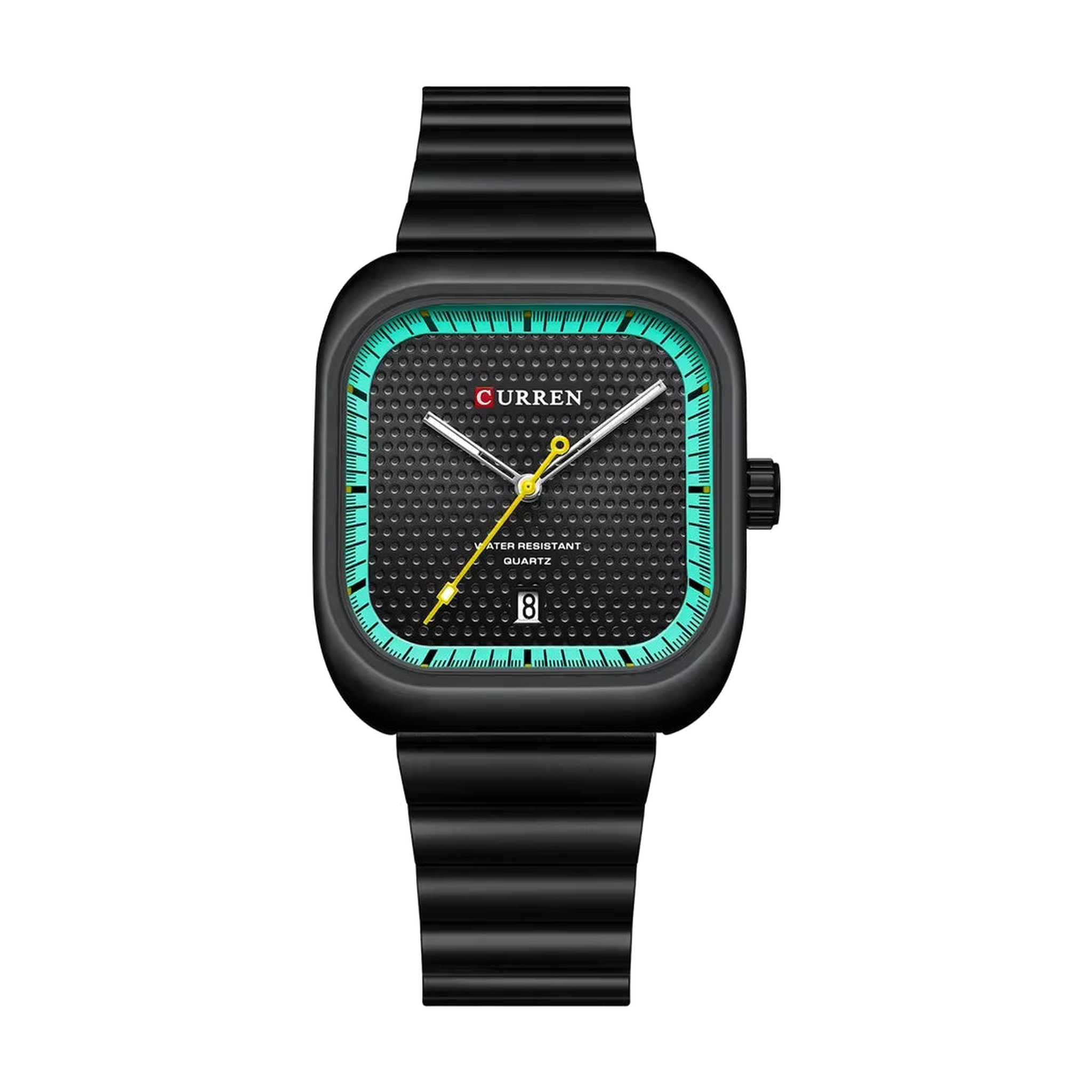 CURREN 8460 Black Green square quartz watch on white background
