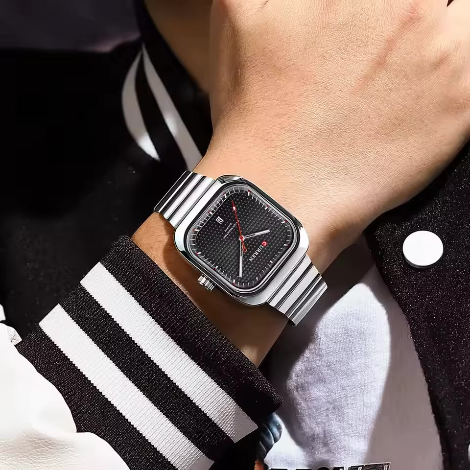 CURREN 8460 Silver Black square quartz watch worn on the wrist
