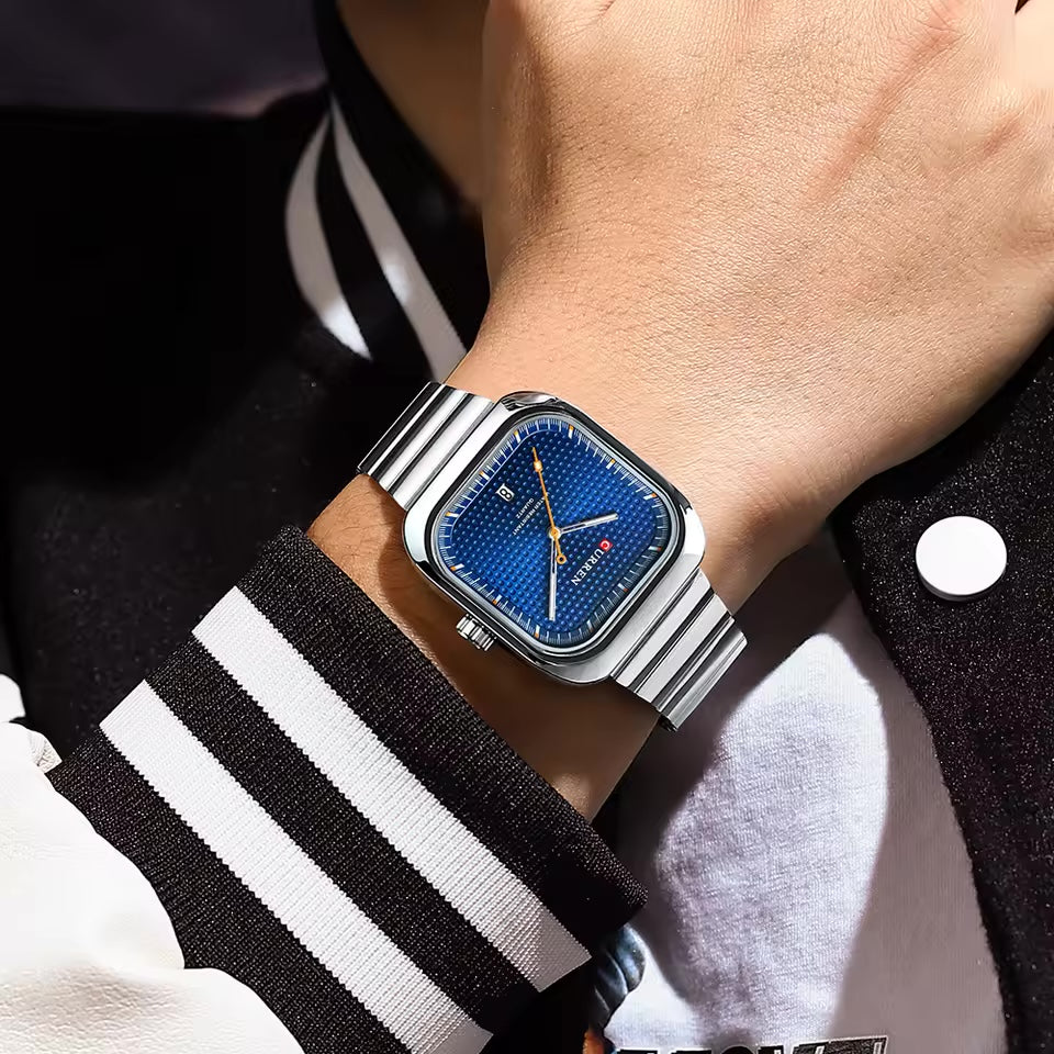 CURREN 8460 Silver Blue square quartz watch worn on the wrist