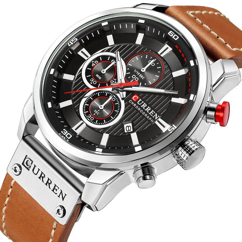 CURREN large-dial leather chronograph in Brown close-up