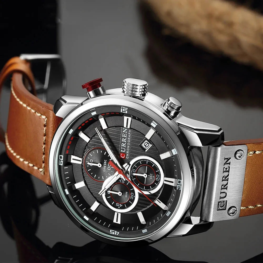CURREN large-dial leather chronograph in Brown close detail