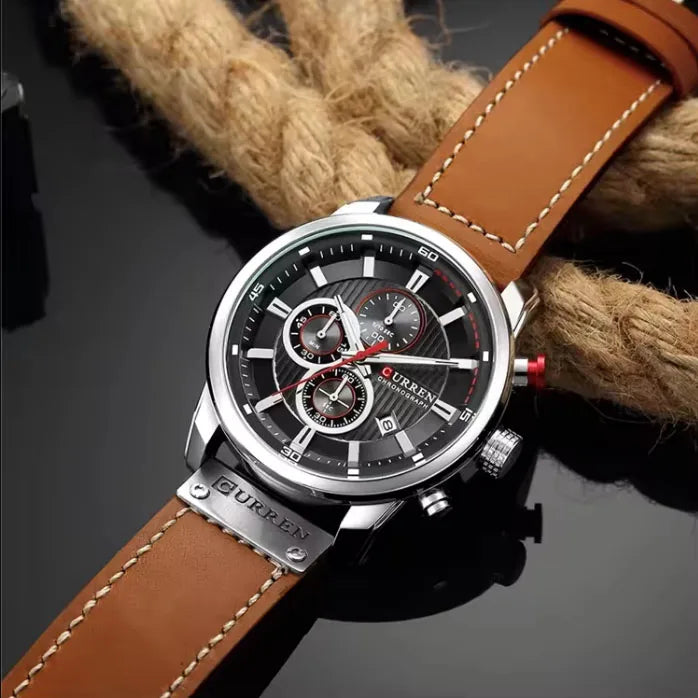 CURREN large-dial leather chronograph in Brown lifestyle view