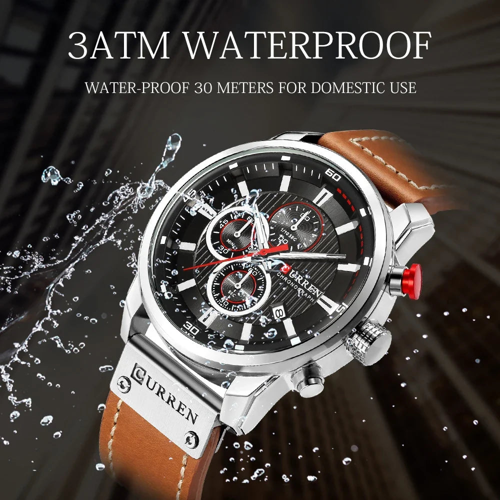 CURREN large-dial leather chronograph in Brown supplier water-resistance view