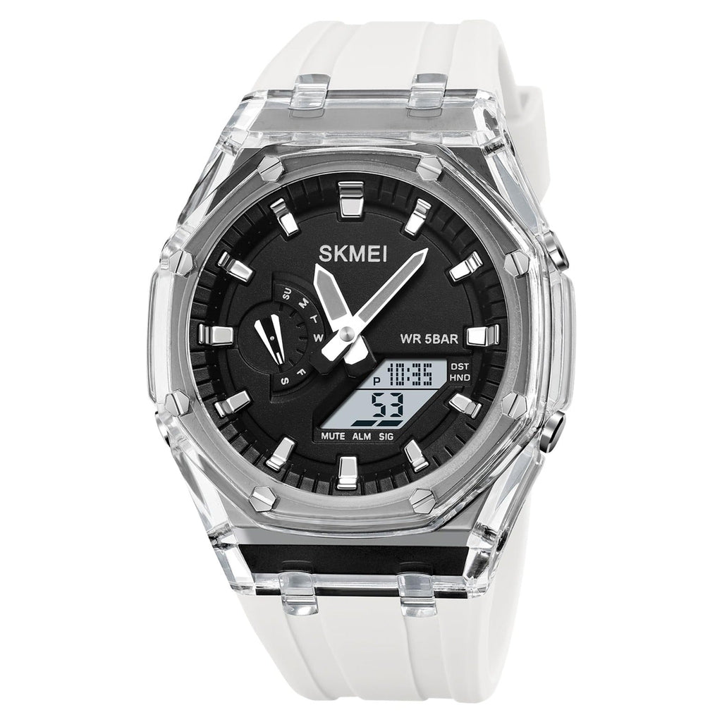 SKMEI 2100 ana-digi watch, white strap black dial, front