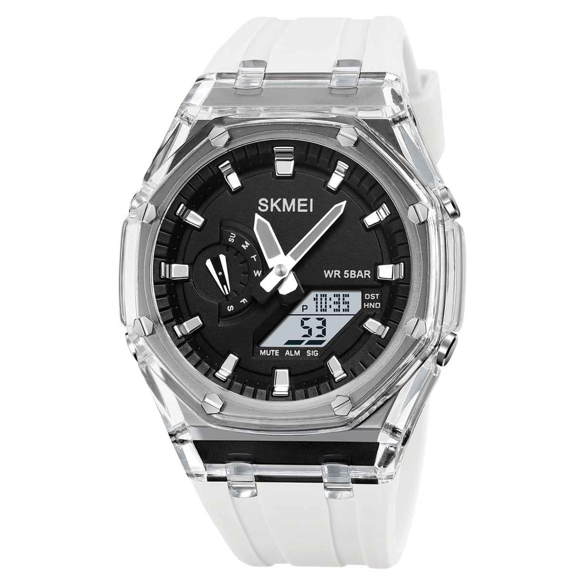 SKMEI 2100 ana-digi watch, white strap black dial, front