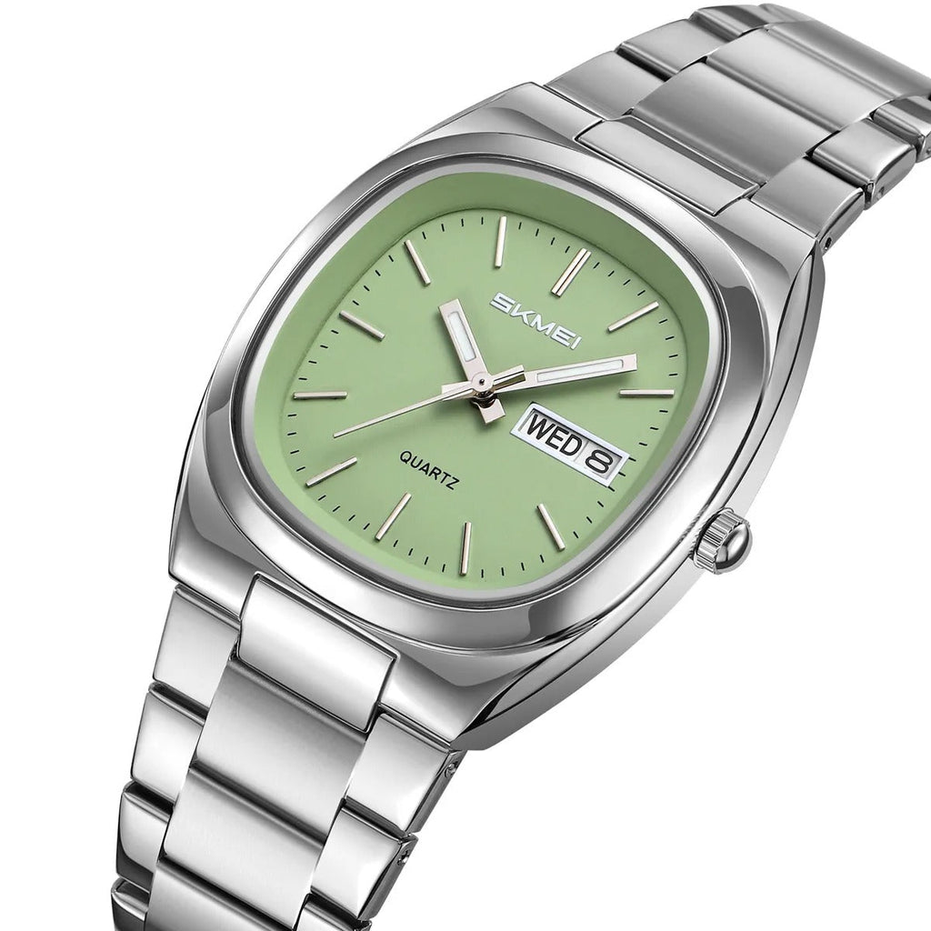 SKMEI 2420 cushion date watch, silver case green dial