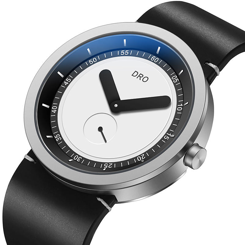 DRO sapphire quartz watch — black leather and silver case