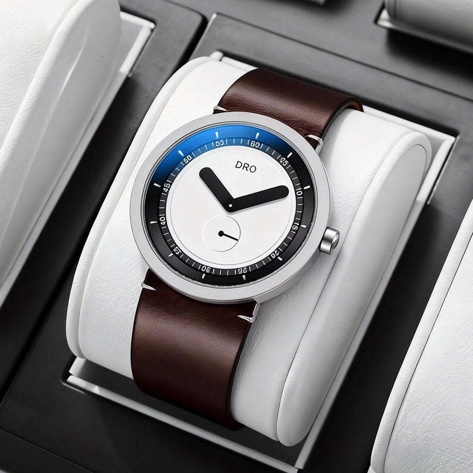DRO sapphire quartz watch — brown leather and silver case