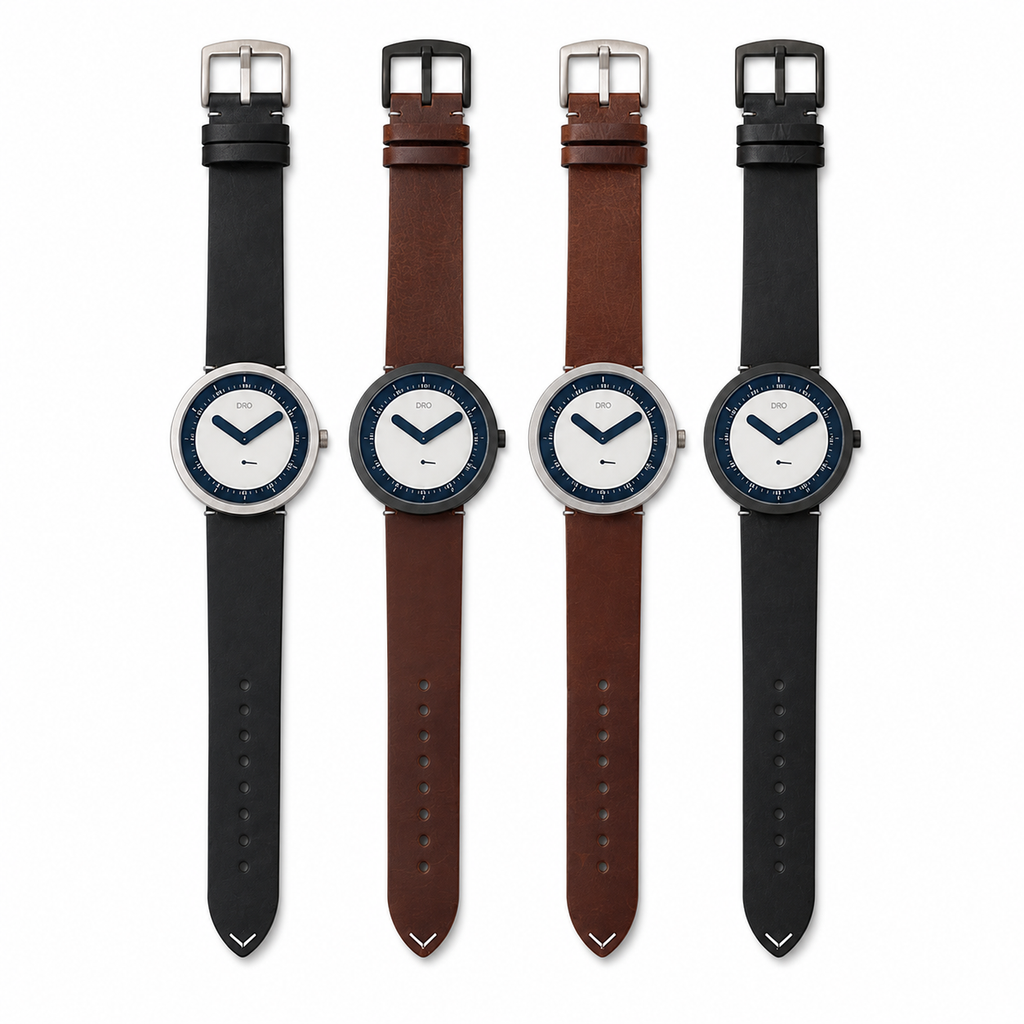 DRO sapphire quartz watch — four leather colorways on white