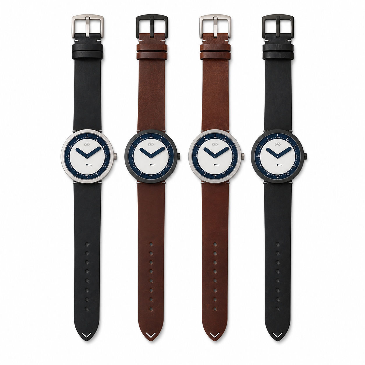 DRO sapphire quartz watch — four leather colorways on white