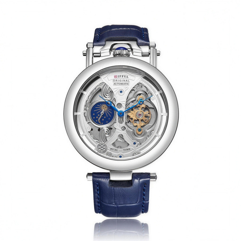 DIFFUL big skeleton automatic watch, 49mm, blue leather strap