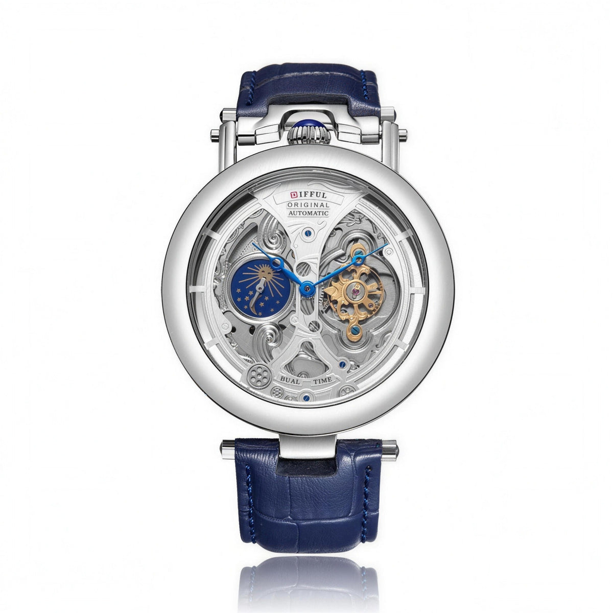 DIFFUL big skeleton automatic watch, 49mm, blue leather strap