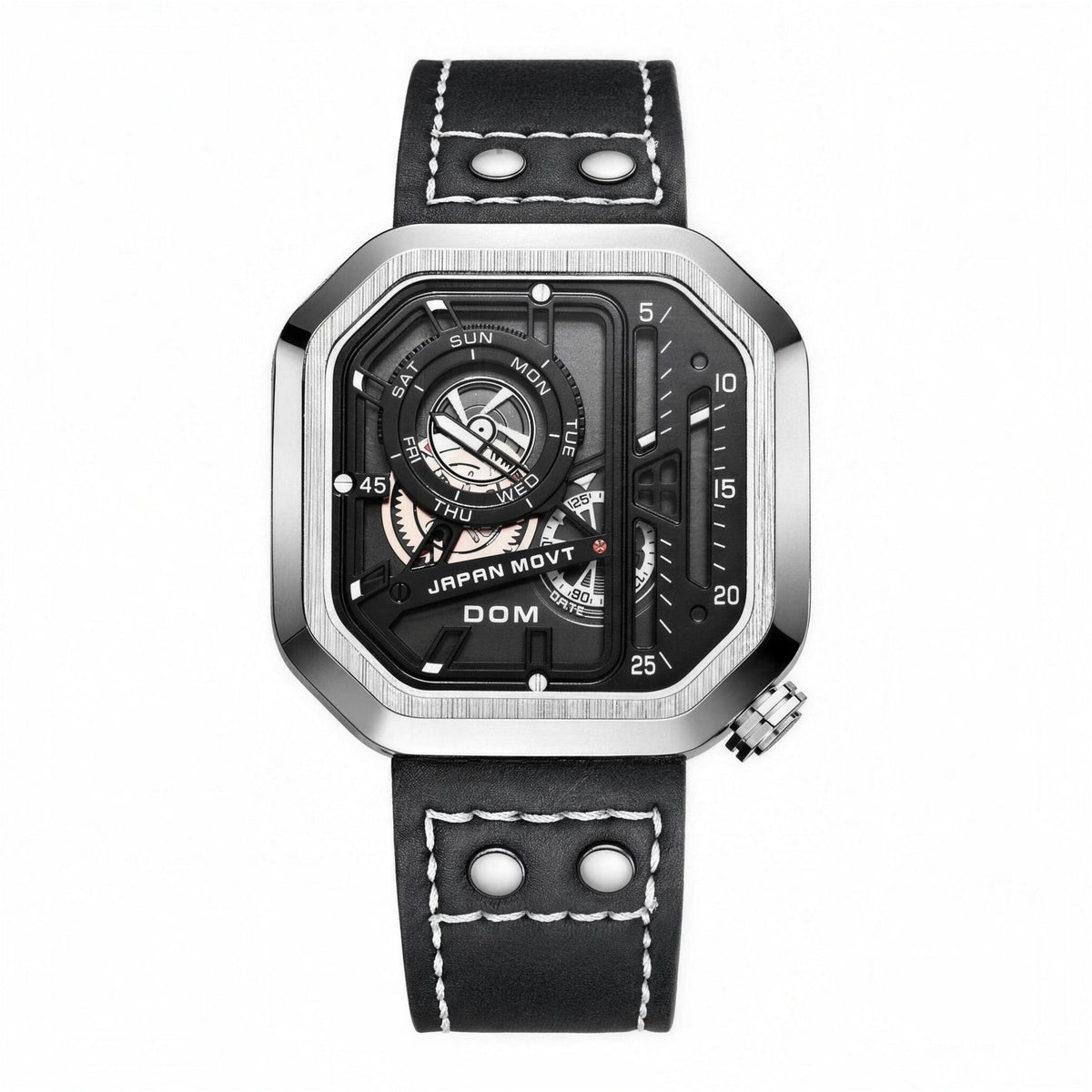 DOM 1358 square quartz watch, silver case with black dial and black leather strap