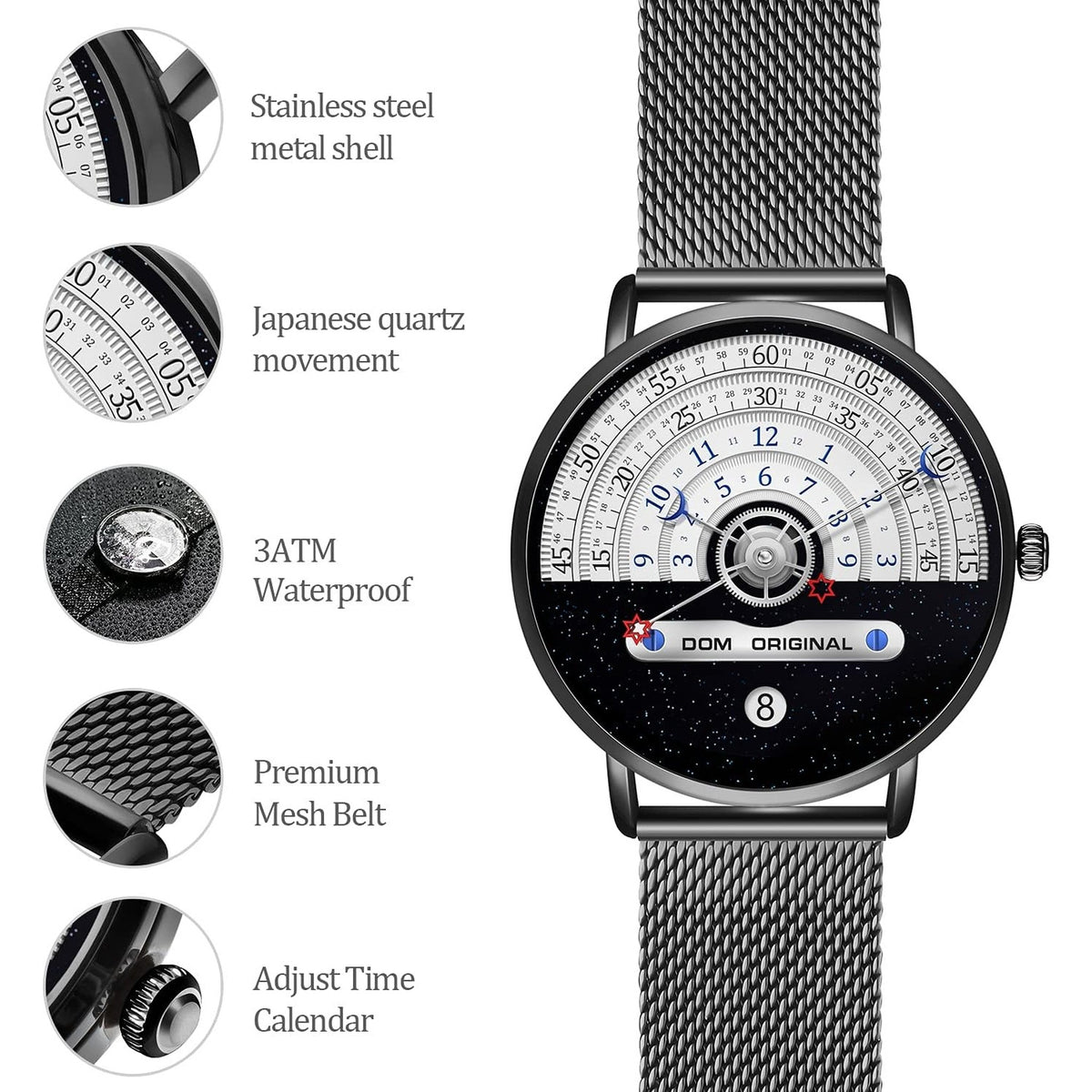 DOM M-1288 dual-time day-date quartz watch, black case, black mesh bracelet, white half-dial, on white background