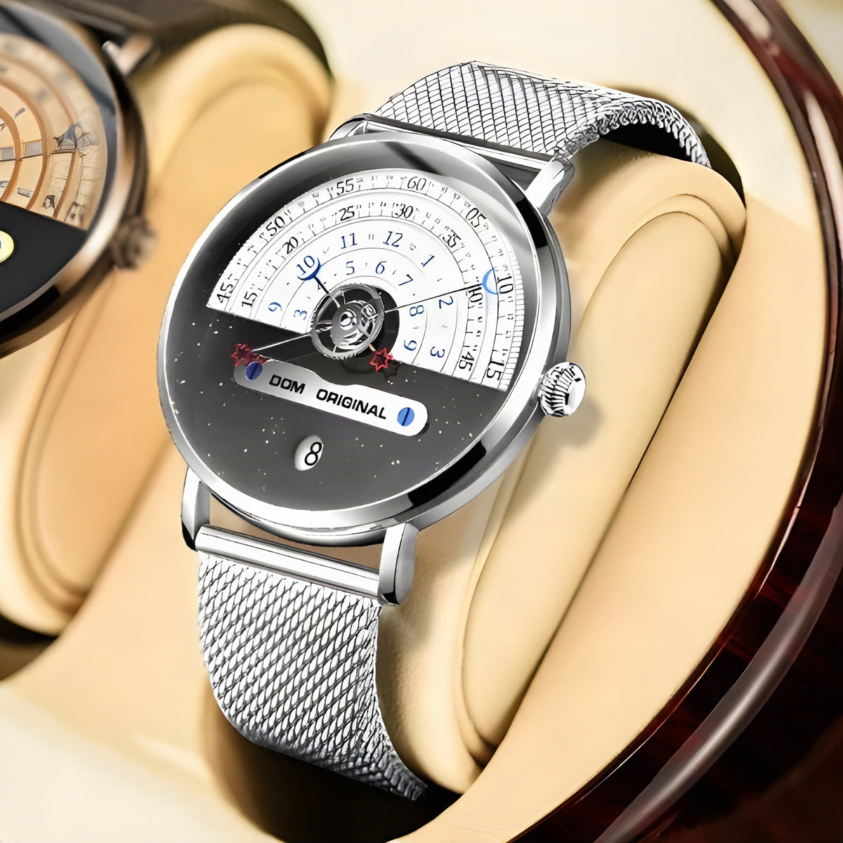 DOM M-1288 dual-time day-date quartz watch, silver mesh bracelet, in a watch box