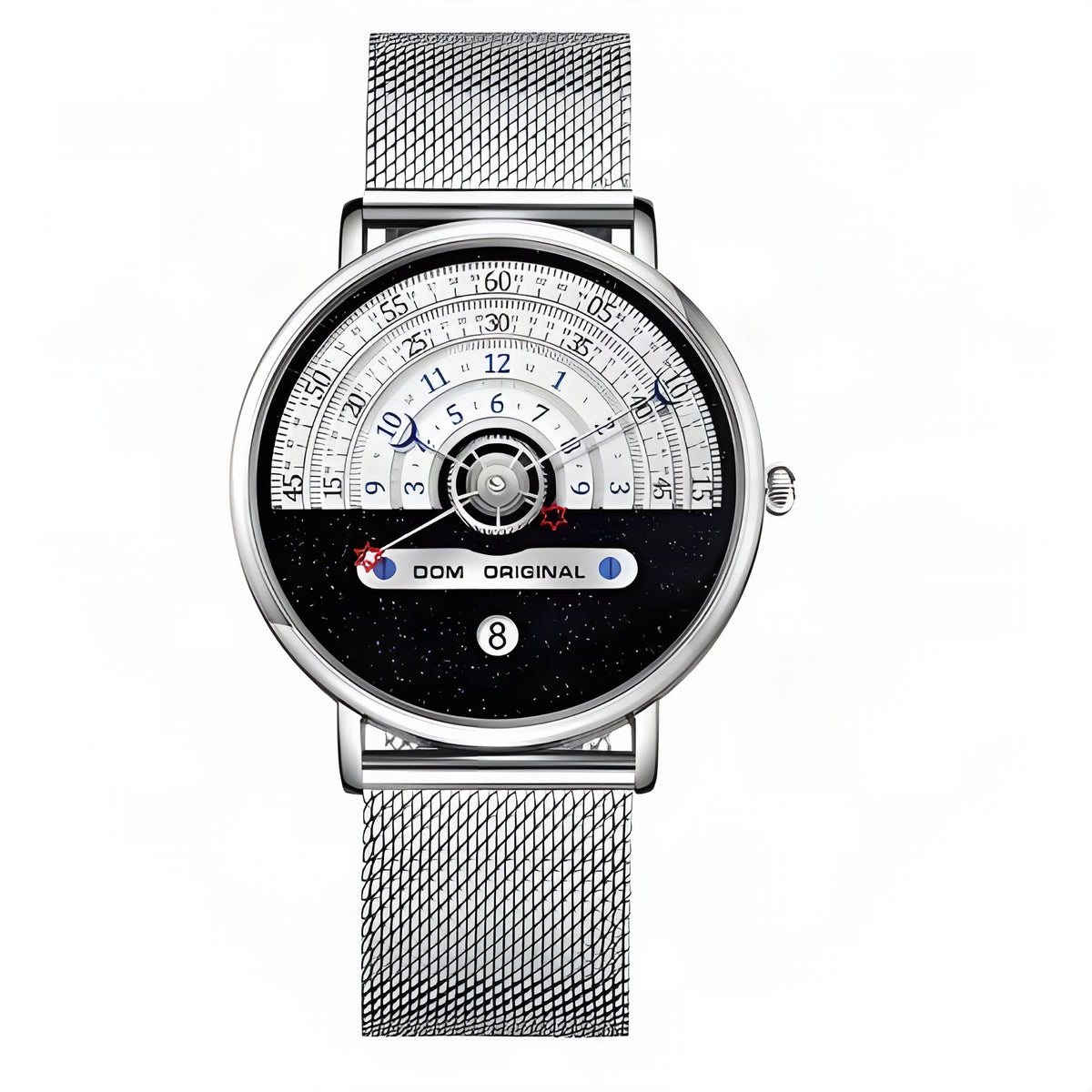DOM M-1288 dual-time day-date quartz watch, silver case, silver mesh bracelet, white half-dial, on white background