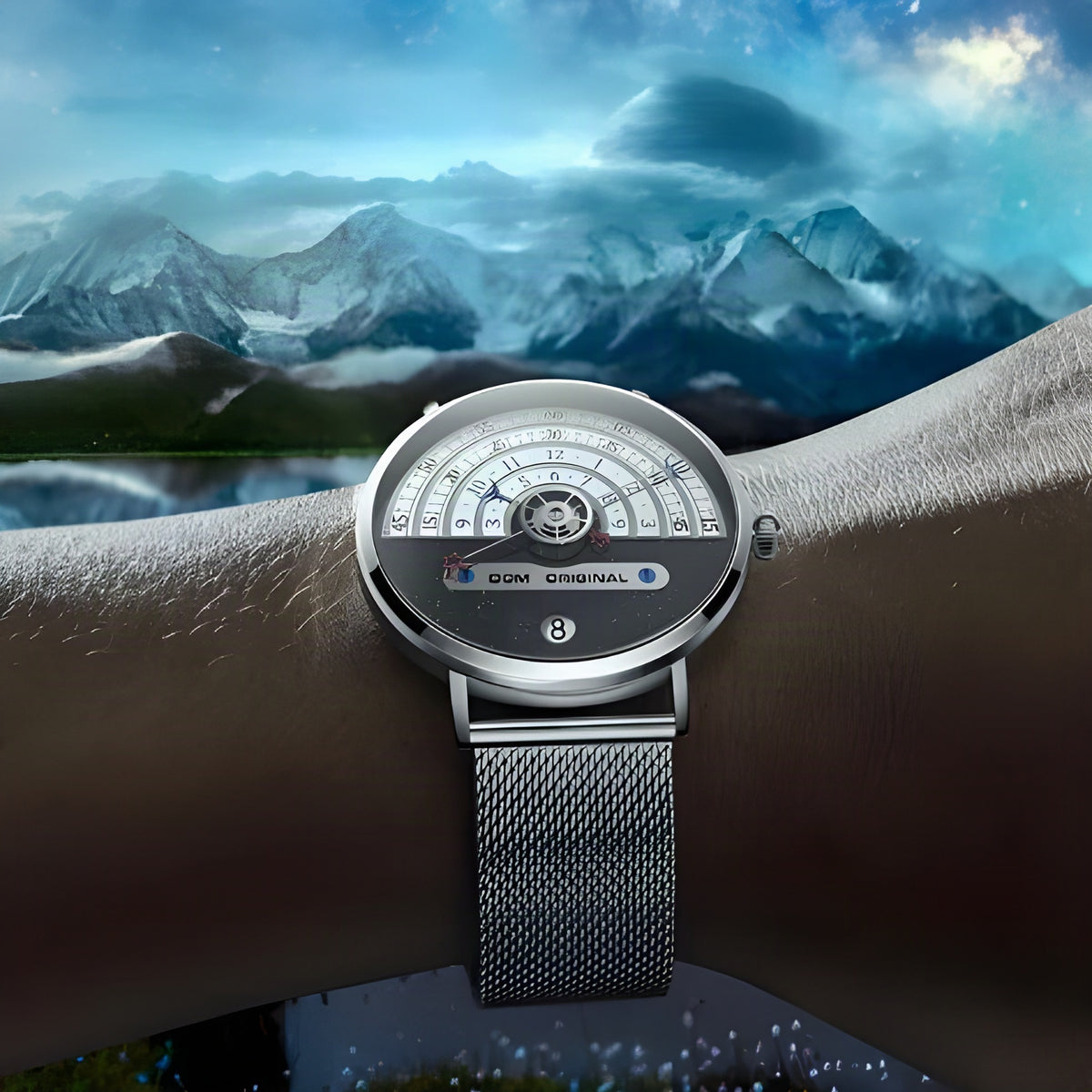 DOM M-1288 dual-time day-date quartz watch, silver mesh bracelet, worn on the wrist