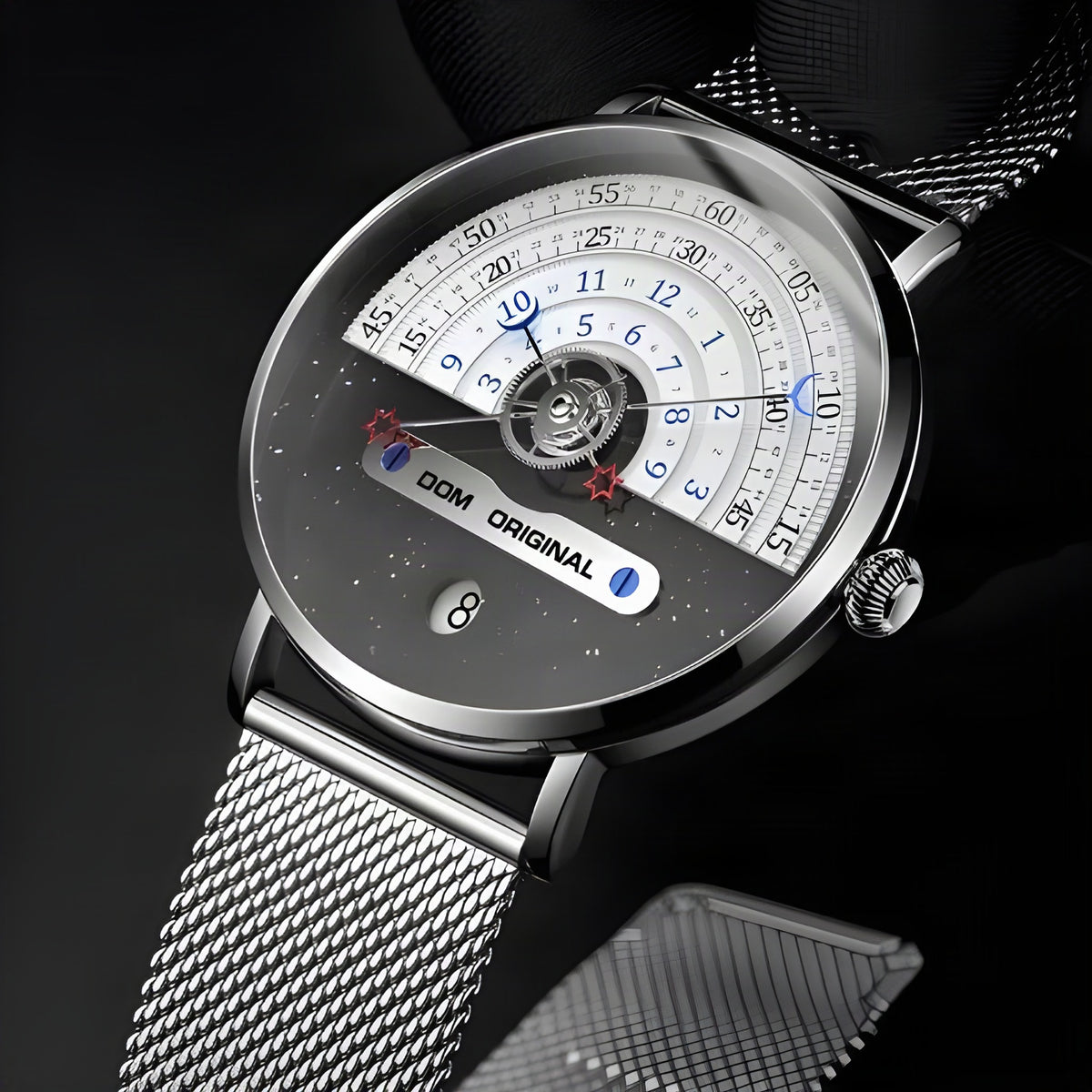 DOM M-1288 dual-time day-date quartz watch, silver mesh bracelet, dial close-up