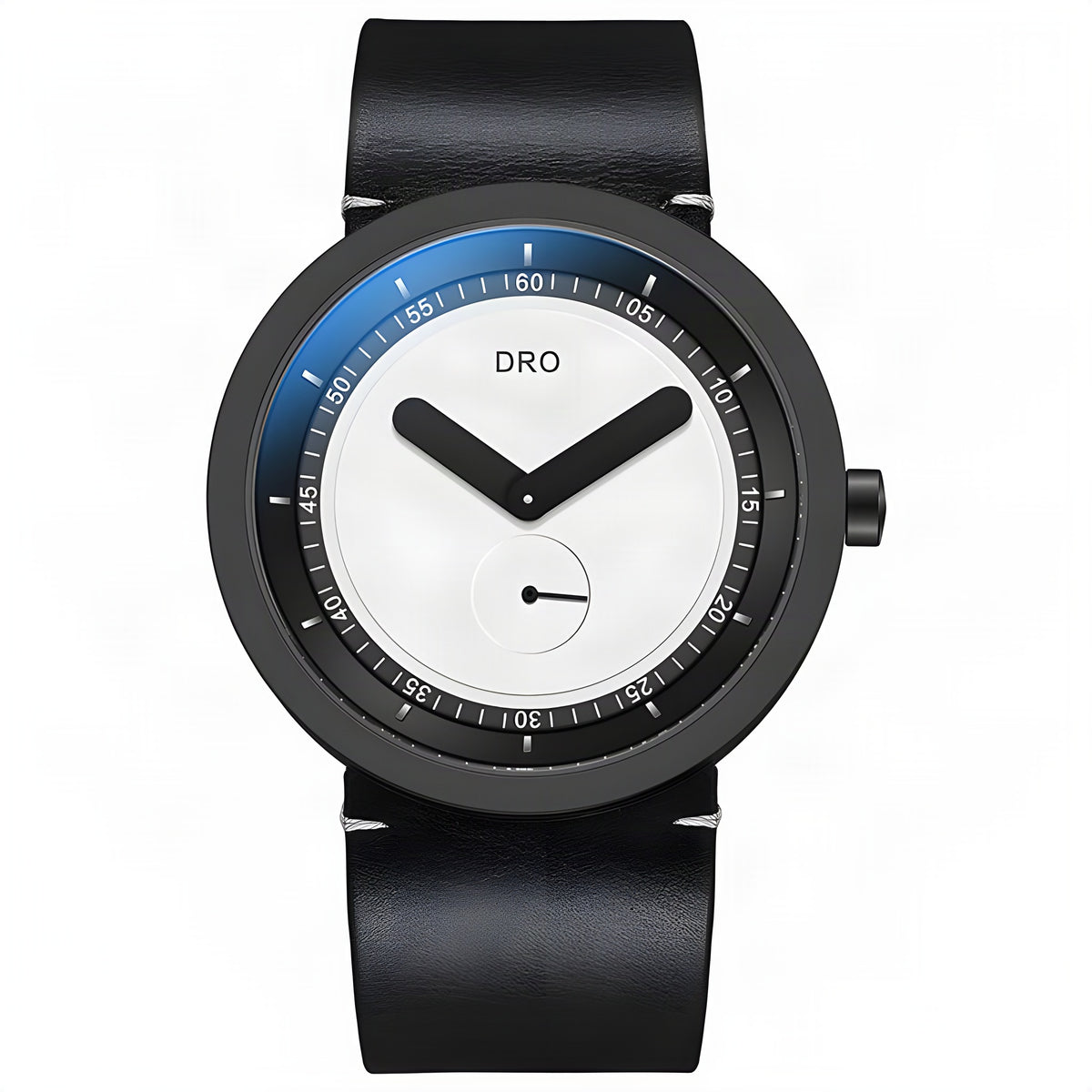DRO D5001 sapphire quartz watch, 46mm, black-tone case, black leather strap, on white background