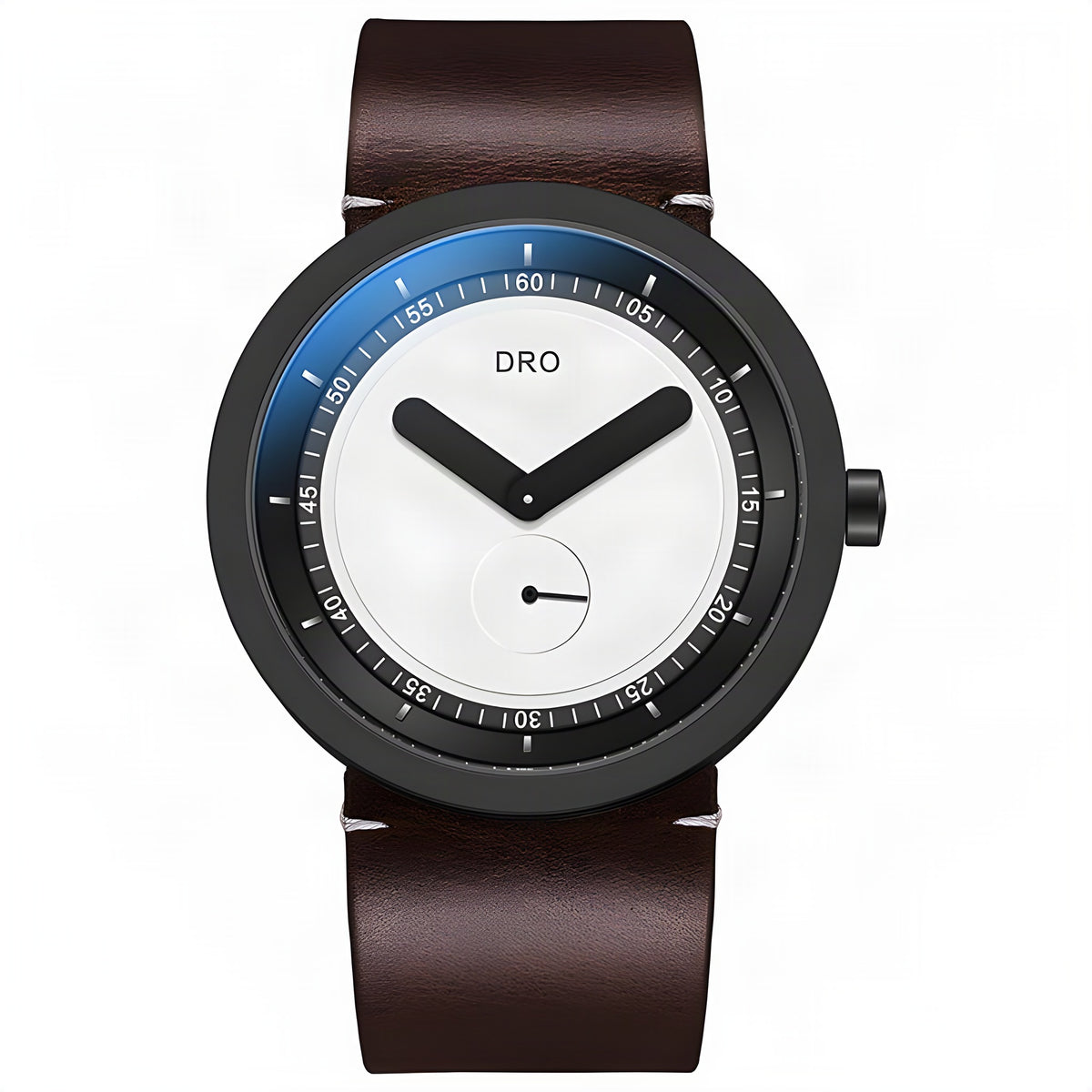 DRO D5001 sapphire quartz watch, 46mm, black-tone case, brown leather strap, on white background