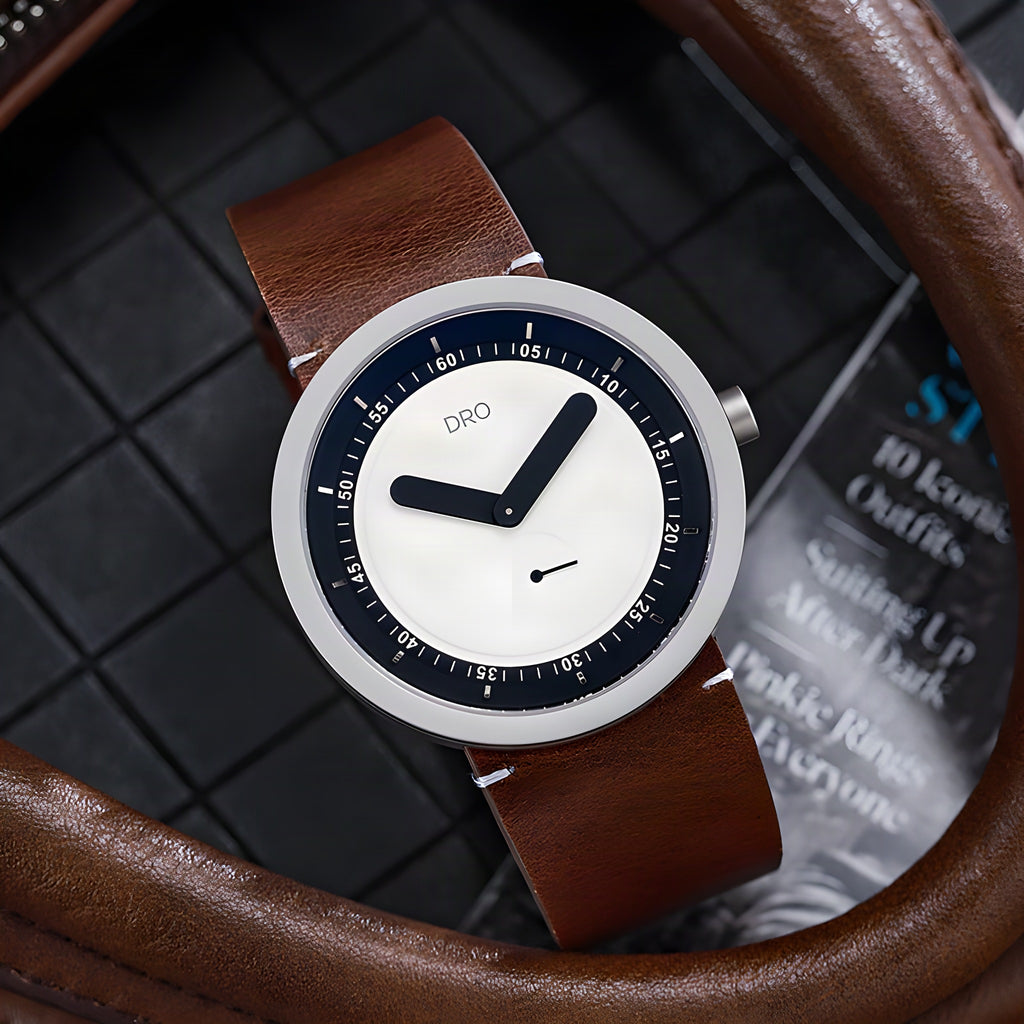 DRO D5001 sapphire quartz watch, silver-tone case, brown leather strap