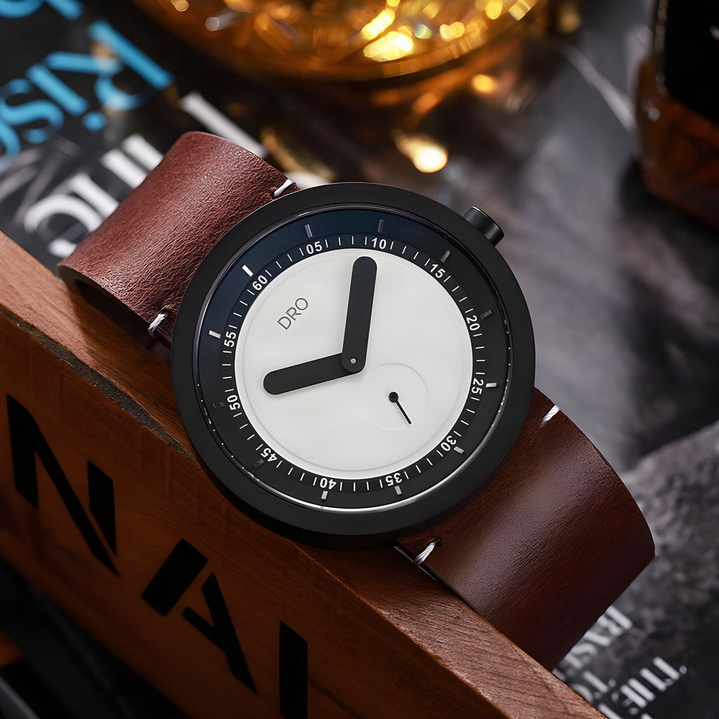 DRO D5001 sapphire quartz watch, black-tone case, brown leather strap