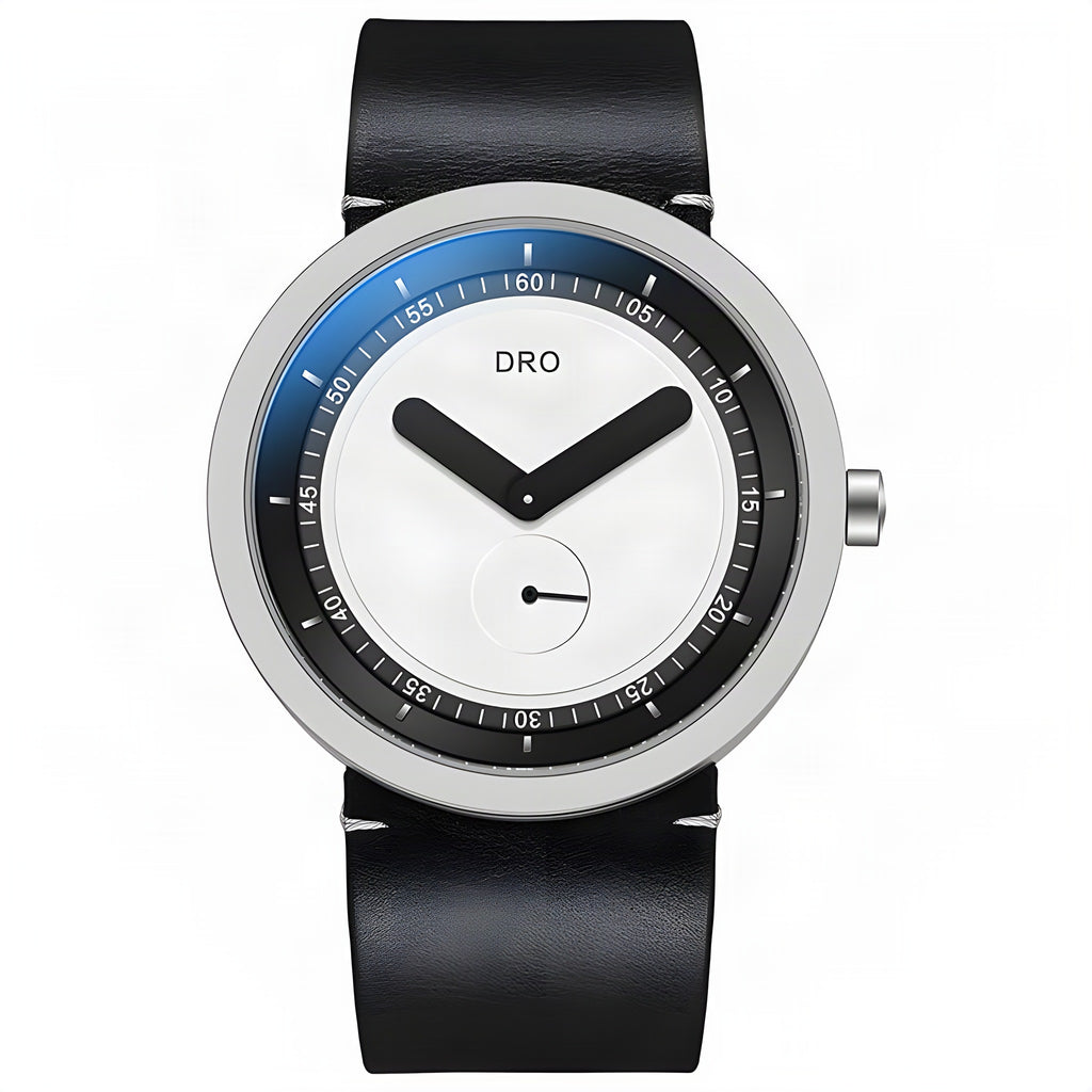 DRO D5001 sapphire quartz watch, 46mm, silver-tone case, black leather strap, on white background