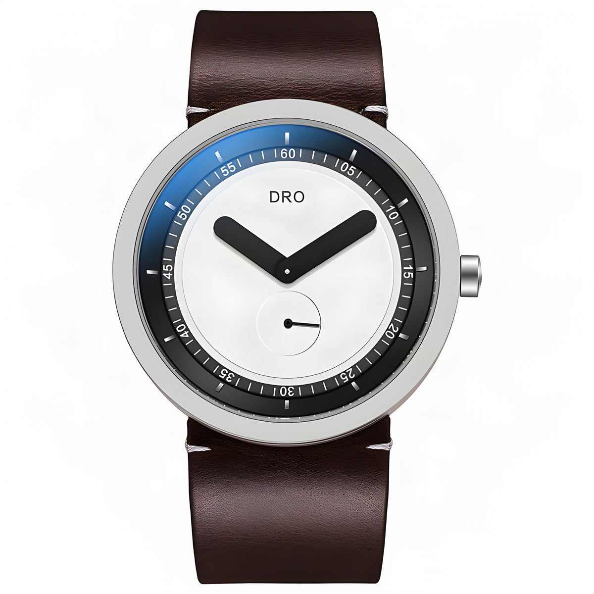 DRO D5001 sapphire quartz watch, 46mm, silver-tone case, brown leather strap, on white background