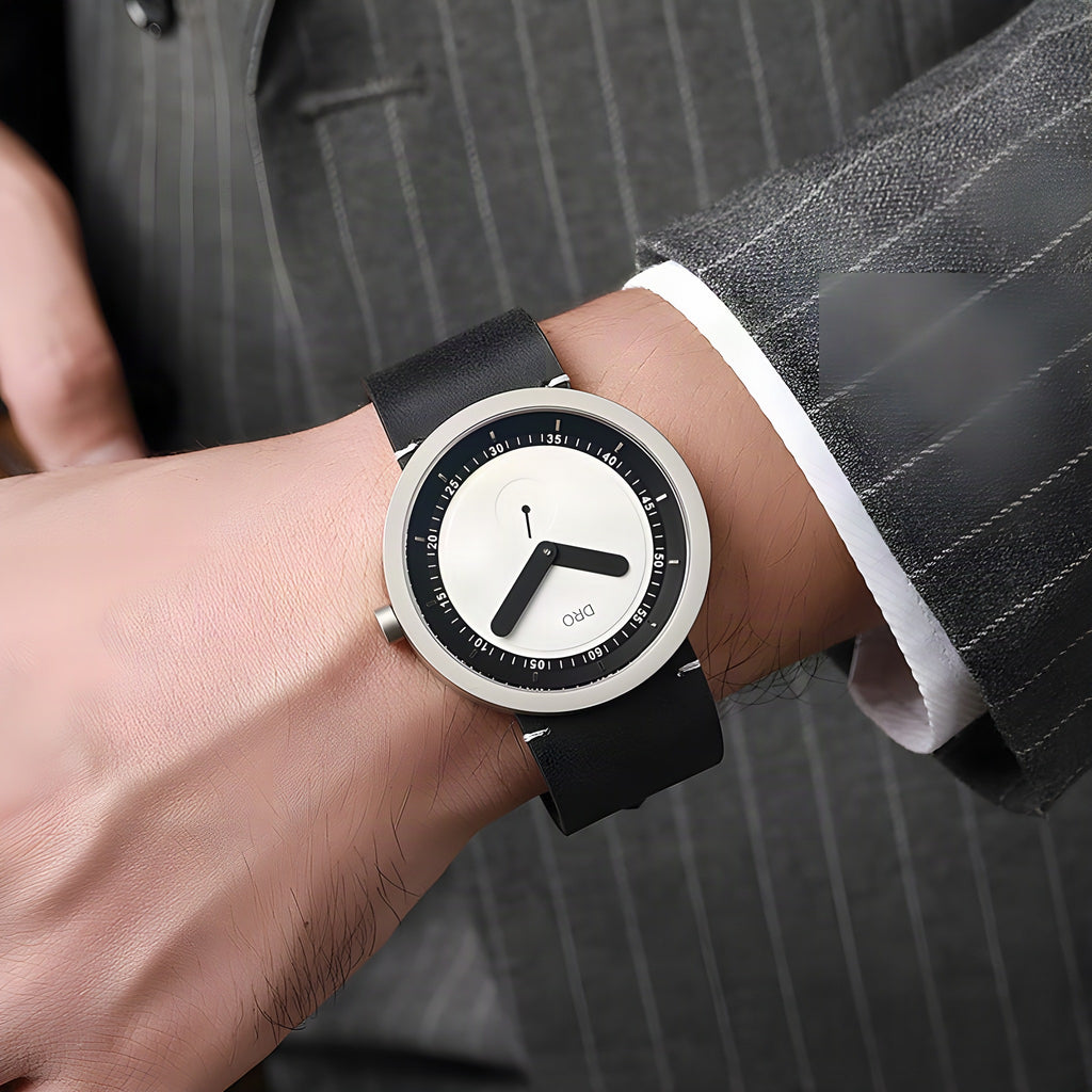DRO D5001 sapphire quartz watch worn on the wrist with a suit