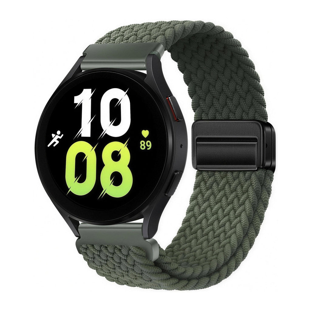 Olive braided elastic magnetic watch strap with black magnetic clasp