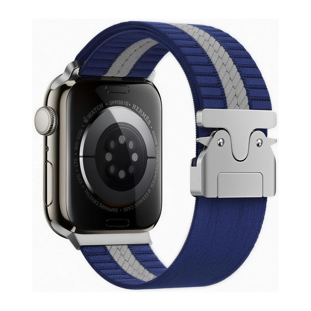 Blue and white elastic parachute watch strap with steel deployant buckle