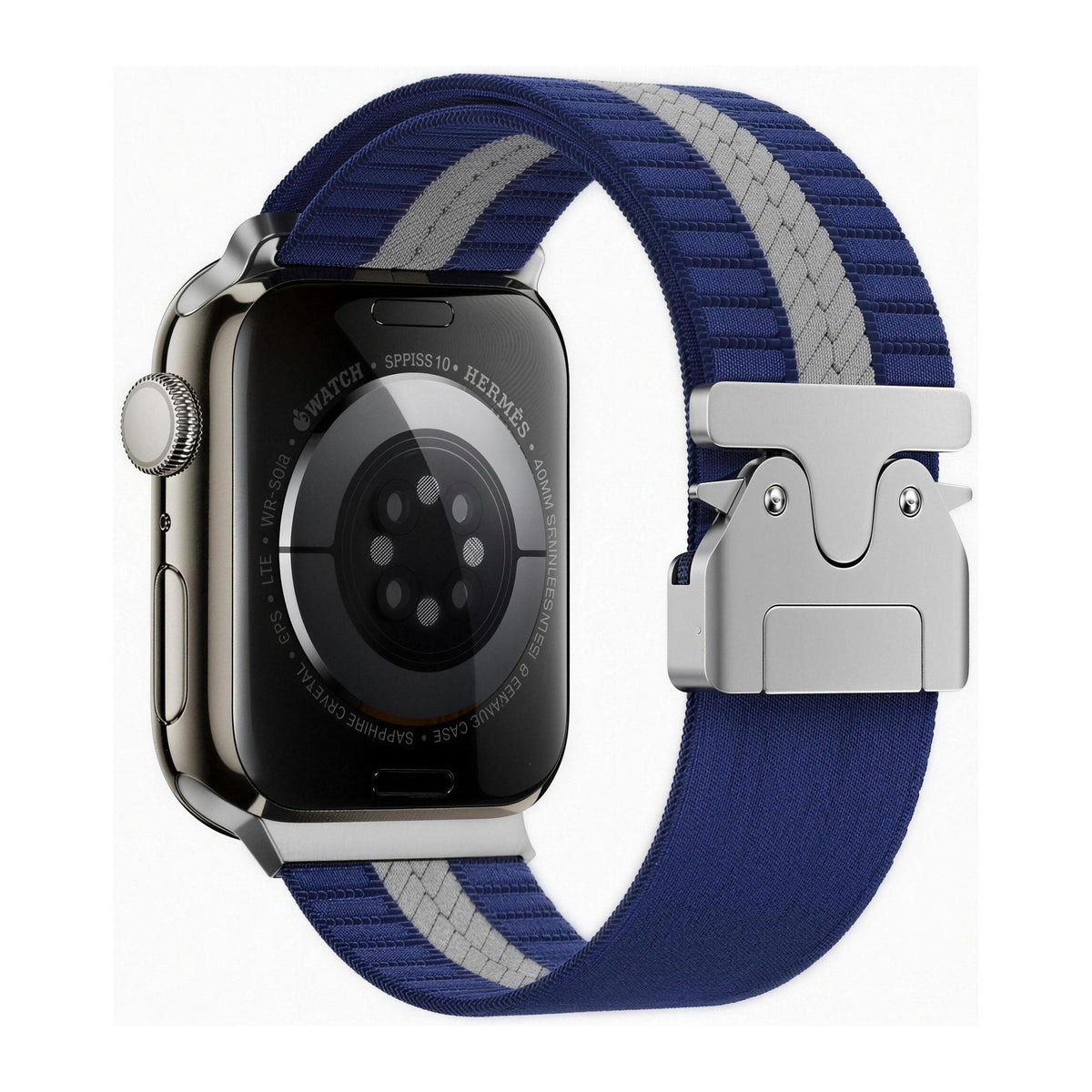 Blue and white elastic parachute watch strap with steel deployant buckle
