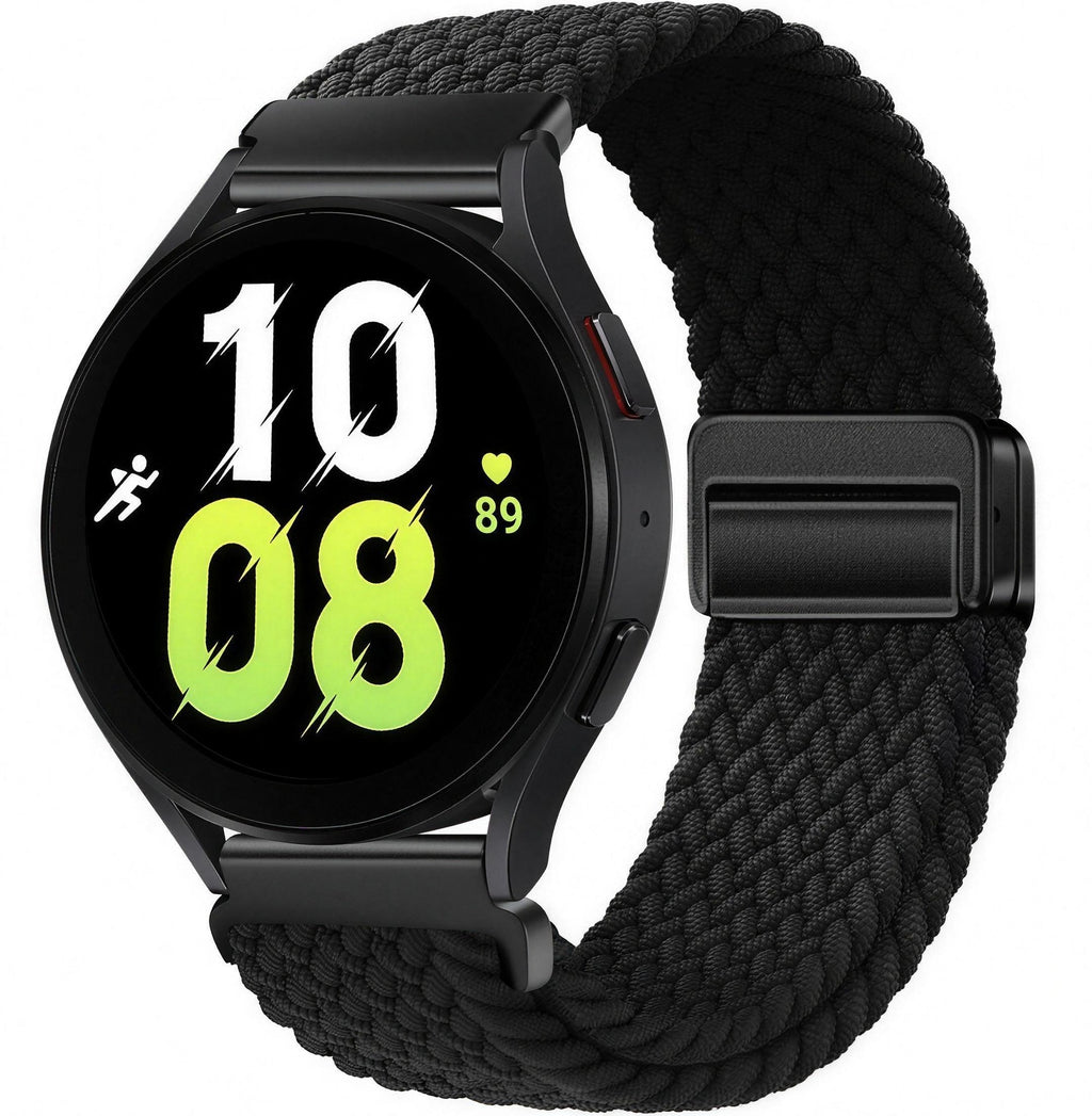 Black elastic magnetic watch strap with magnetic snap clasp, shown fitted to a watch