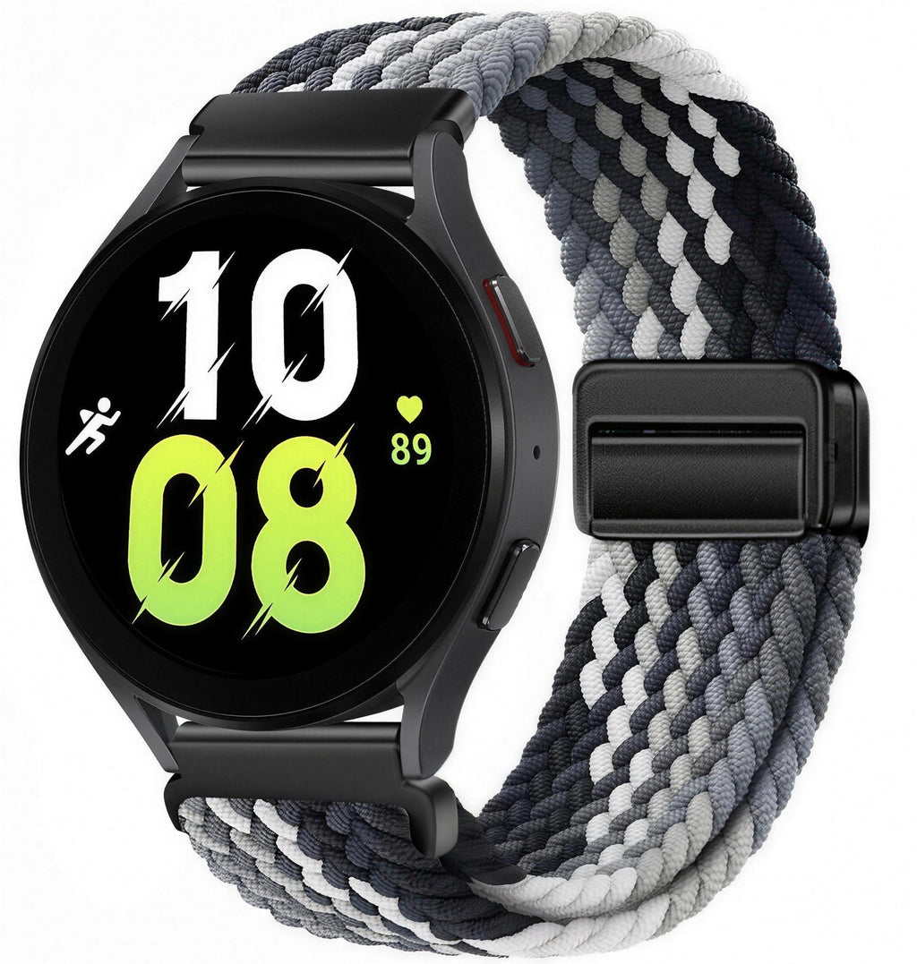 Gray and white elastic magnetic watch strap with magnetic snap clasp, shown fitted to a watch
