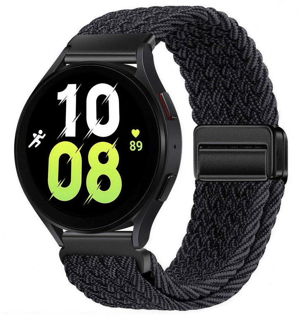 Charcoal elastic magnetic watch strap with magnetic snap clasp, shown fitted to a watch