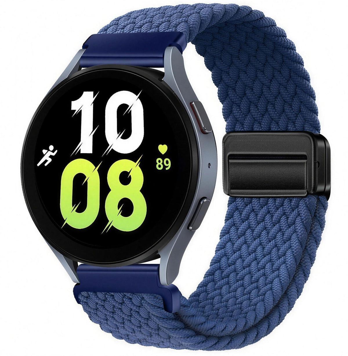Blue elastic magnetic watch strap with magnetic snap clasp, shown fitted to a watch