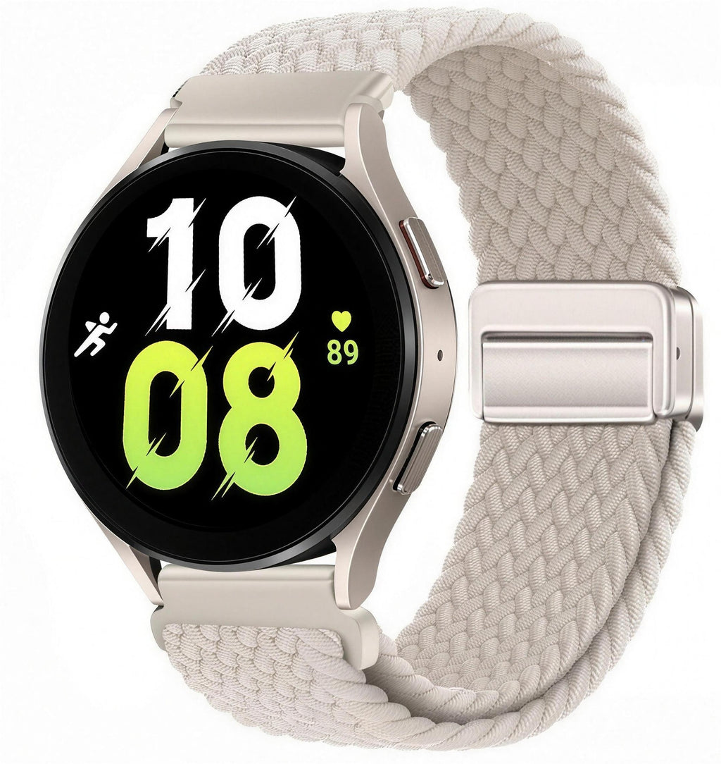 Beige elastic magnetic watch strap with magnetic snap clasp, shown fitted to a watch