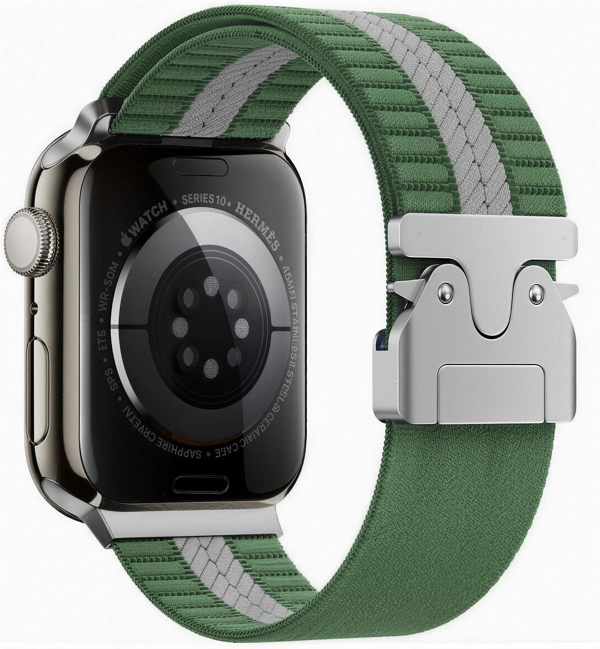Green and gray elastic parachute watch strap with low-profile metal parachute buckle