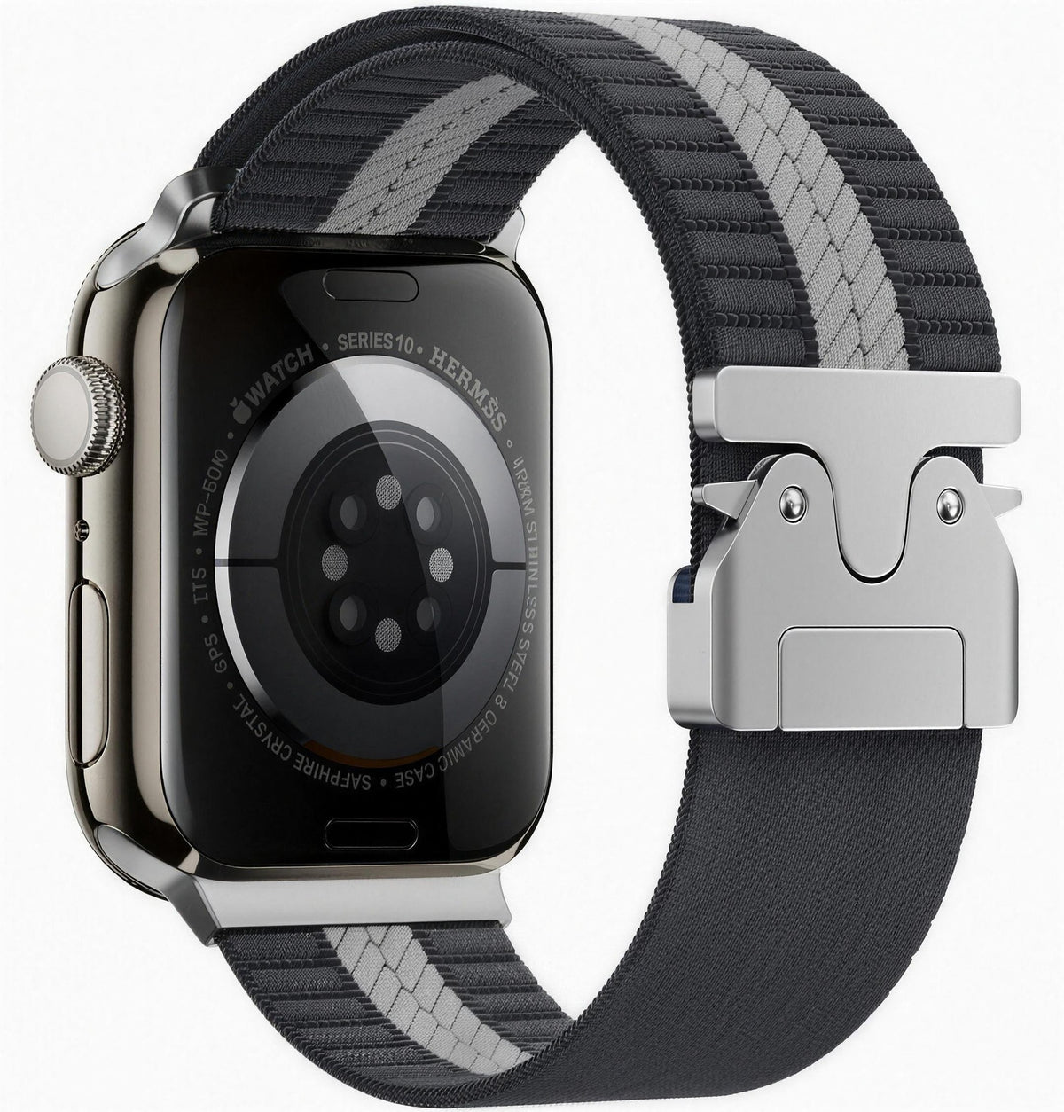 Black and gray elastic parachute watch strap with low-profile metal parachute buckle