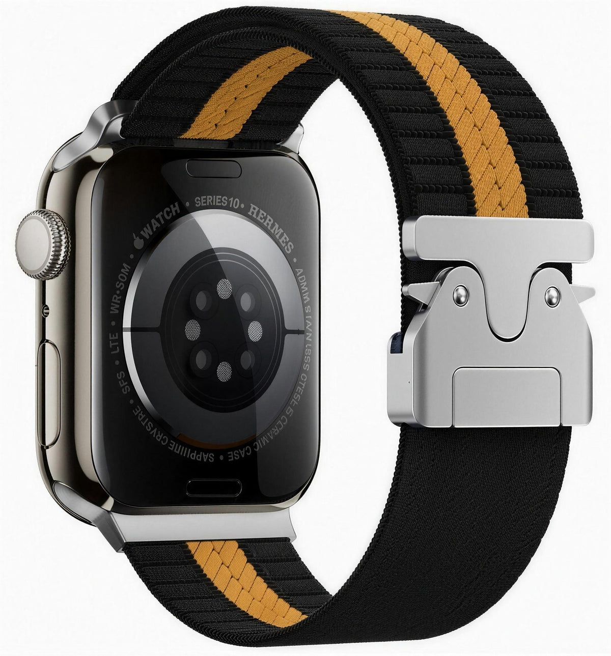 Black and orange elastic parachute watch strap with low-profile metal parachute buckle