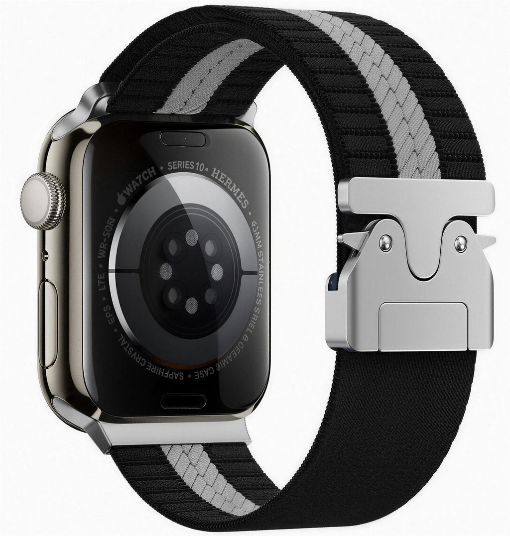Black and white elastic parachute watch strap with low-profile metal parachute buckle