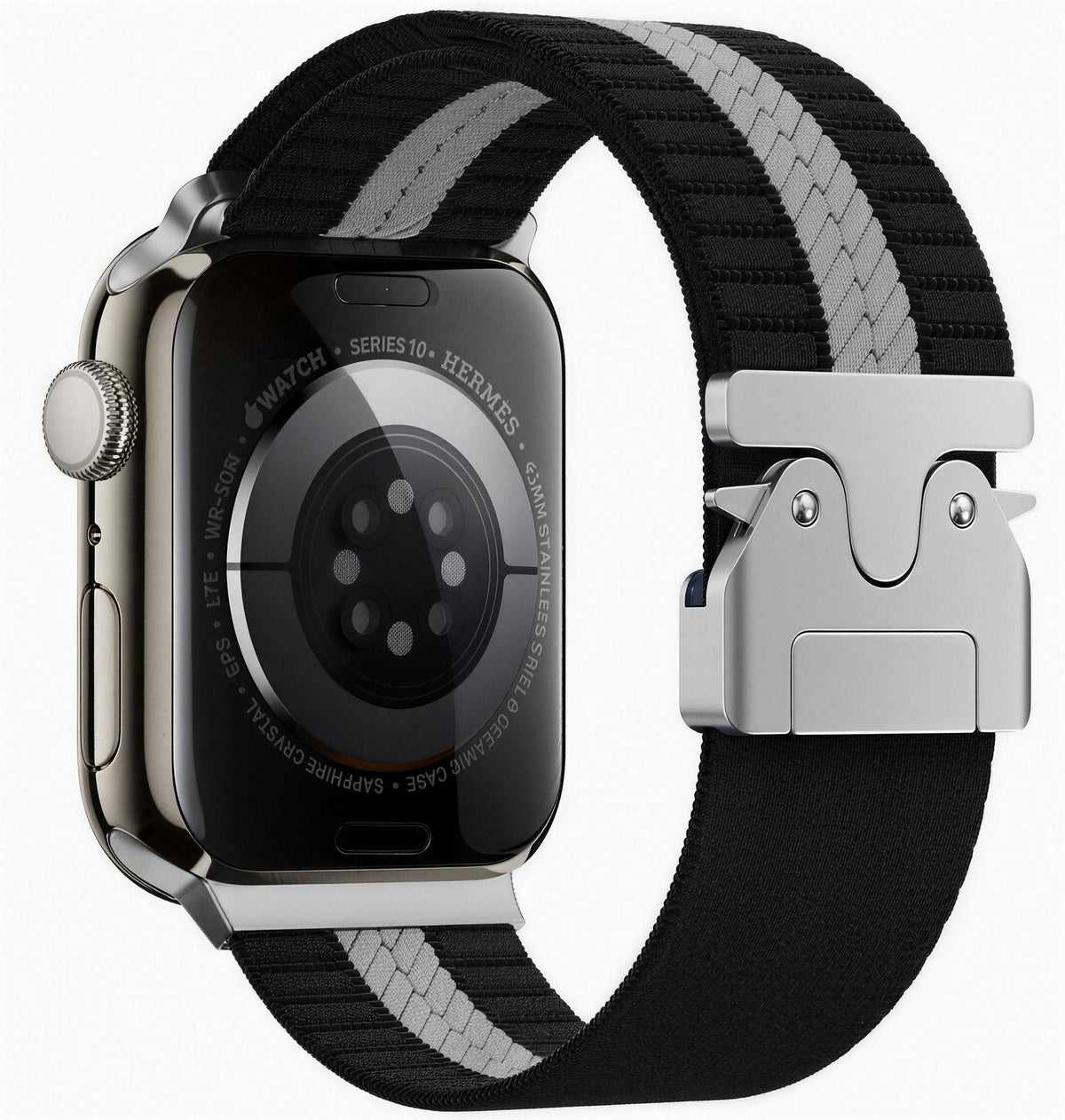 Black and white elastic parachute watch strap with low-profile metal parachute buckle