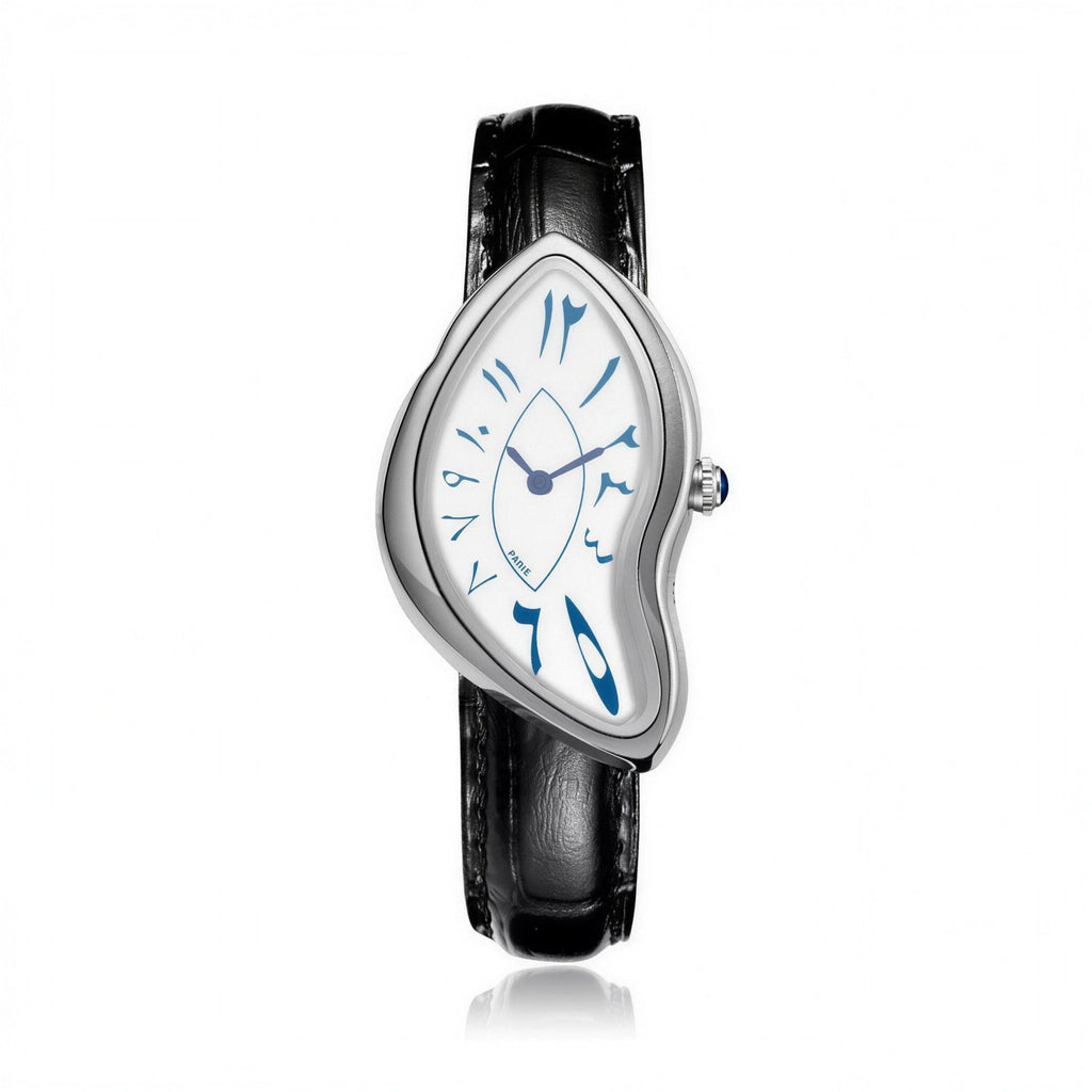 Eston Crash melted Y2K watch, white dial with blue numerals, black leather strap