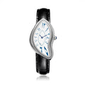 Eston Crash melted Y2K watch, white dial with blue numerals, black leather strap