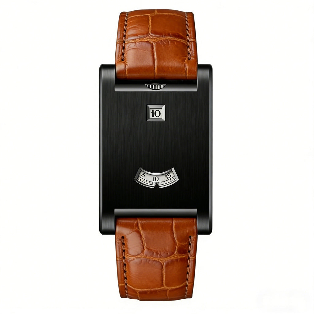 Eston Y2K rolling disc watch in gold with a brown strap, front view product photo
