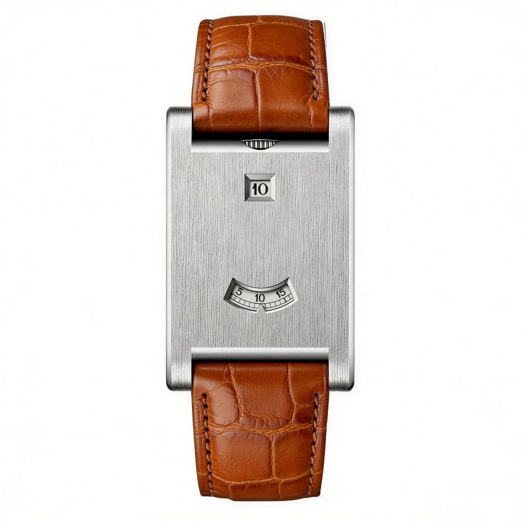 Eston Y2K rolling disc watch, brushed steel case with tan leather strap
