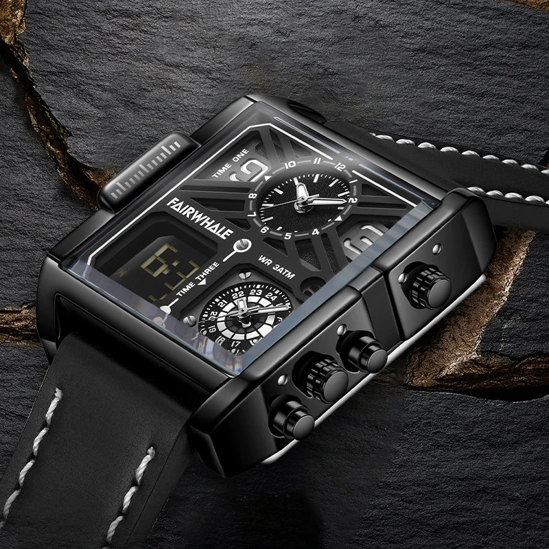 Mark Fairwhale square analog digital watch black case black leather
