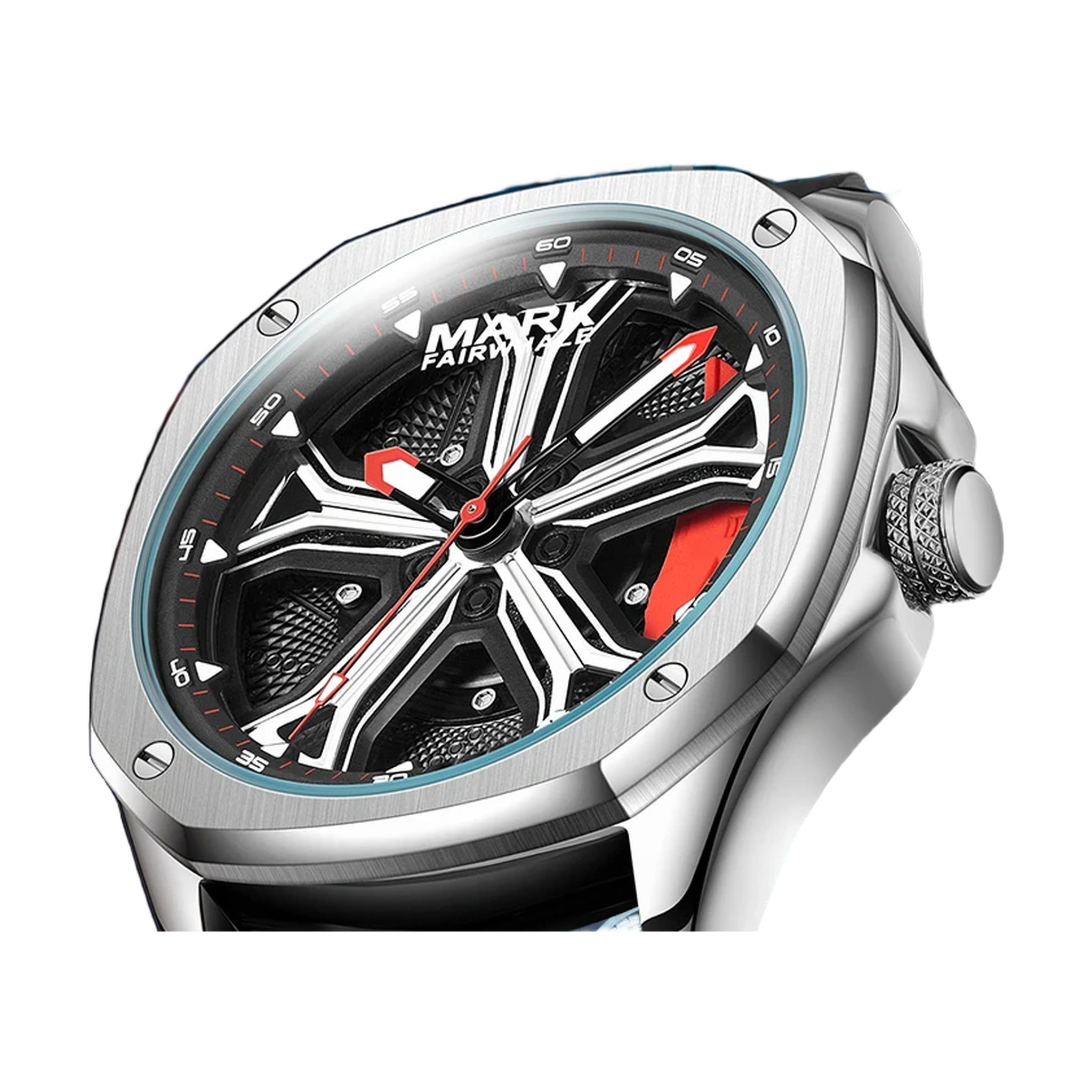 Mark Fairwhale FW-5060 octagonal quartz watch silver case wheel spoke dial on white background