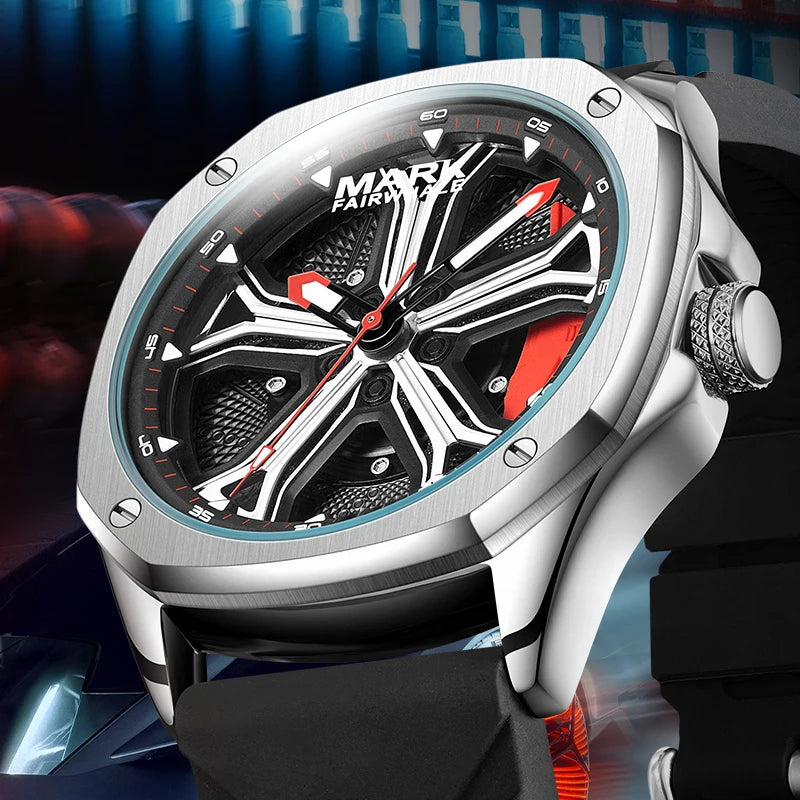 Mark Fairwhale octagonal wheel dial quartz watch silver case black silicone